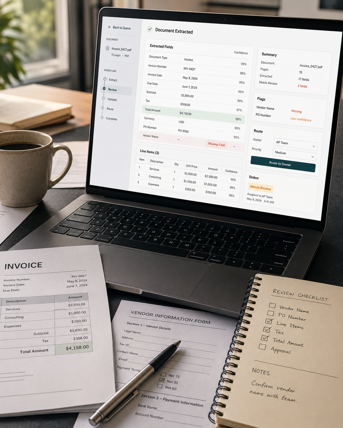 AI document extraction workflow on a desk with invoices, forms, and approval notes