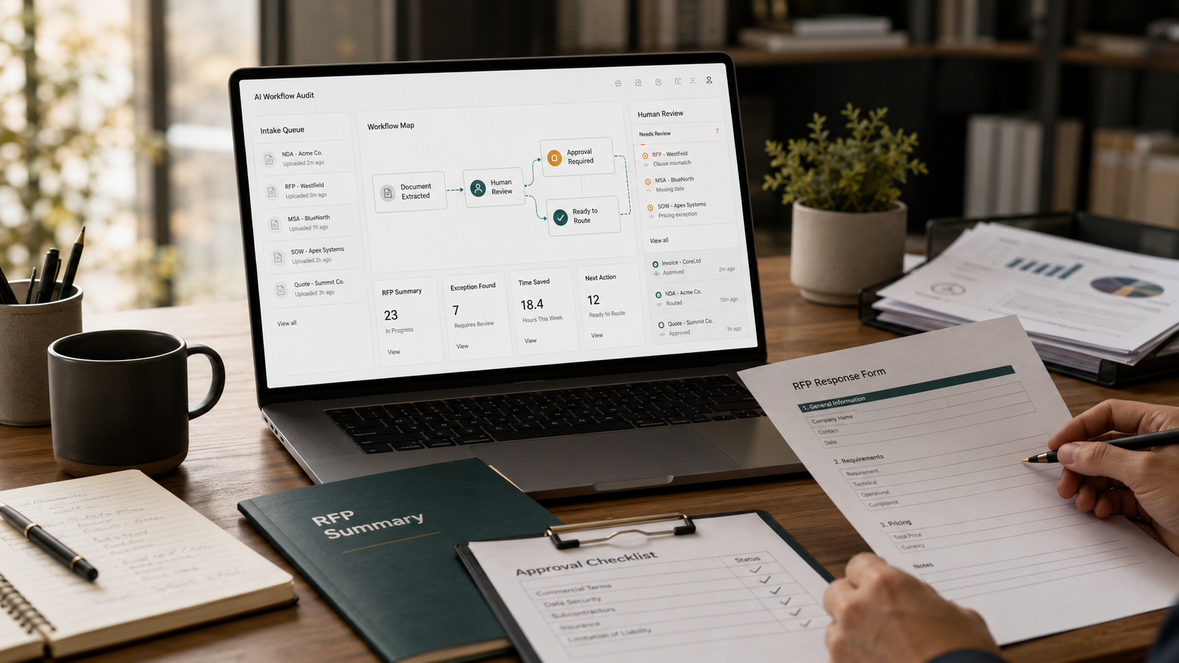 Business operations dashboard summarizing documents, exceptions, and next actions