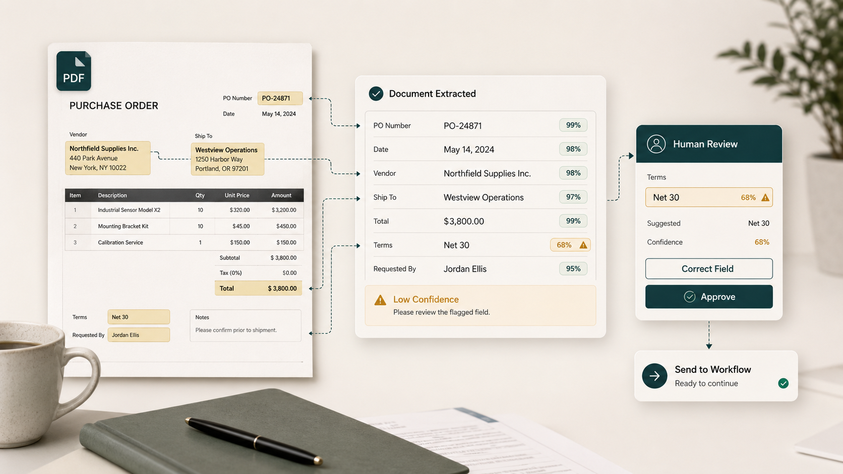 Document intelligence interface extracting fields and routing exceptions for human review