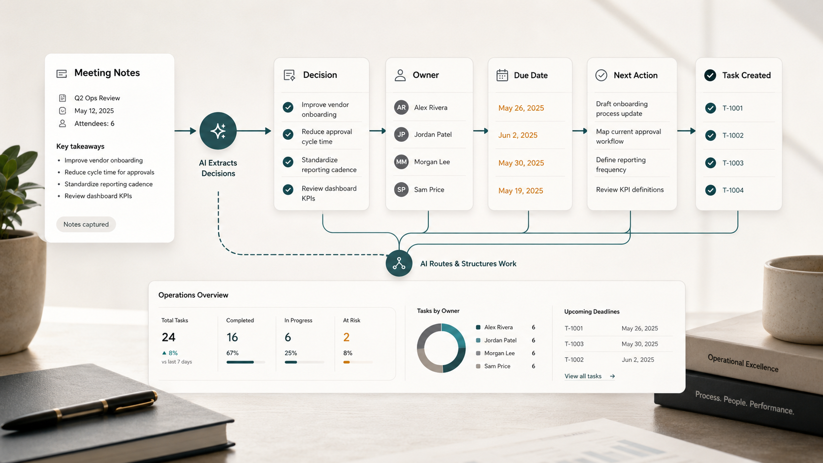 Meeting notes workflow turning decisions into owners, due dates, and next actions