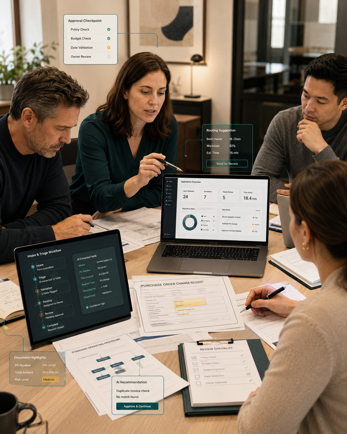 Operations team reviewing AI-assisted dashboards, spreadsheets, and process documents