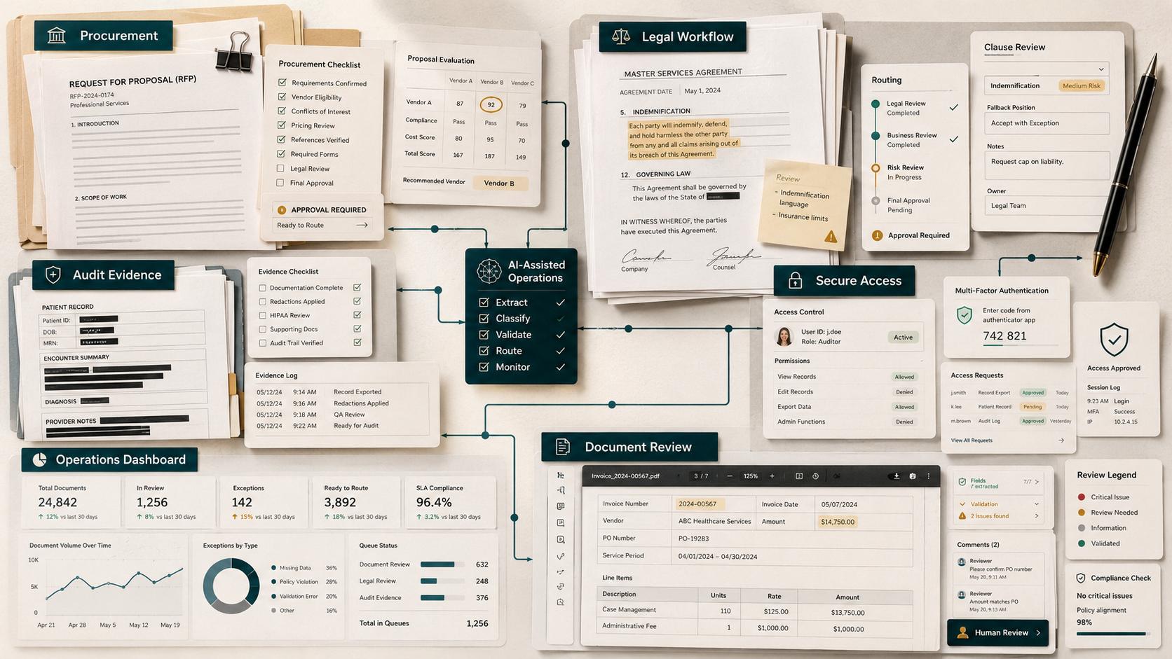 Regulated document workflow collage with procurement, legal, audit, secure access, and dashboard review